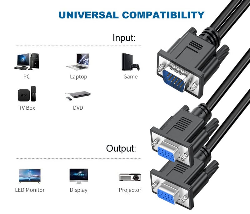 UKYEE VGA Splitter Cable Dual VGA Monitor Y Cable 1 Male to 2 Female Adapter Converter Video Cable for Screen Duplication - Does NOT Show Separate Displays (No Screen Extension) - Image 2